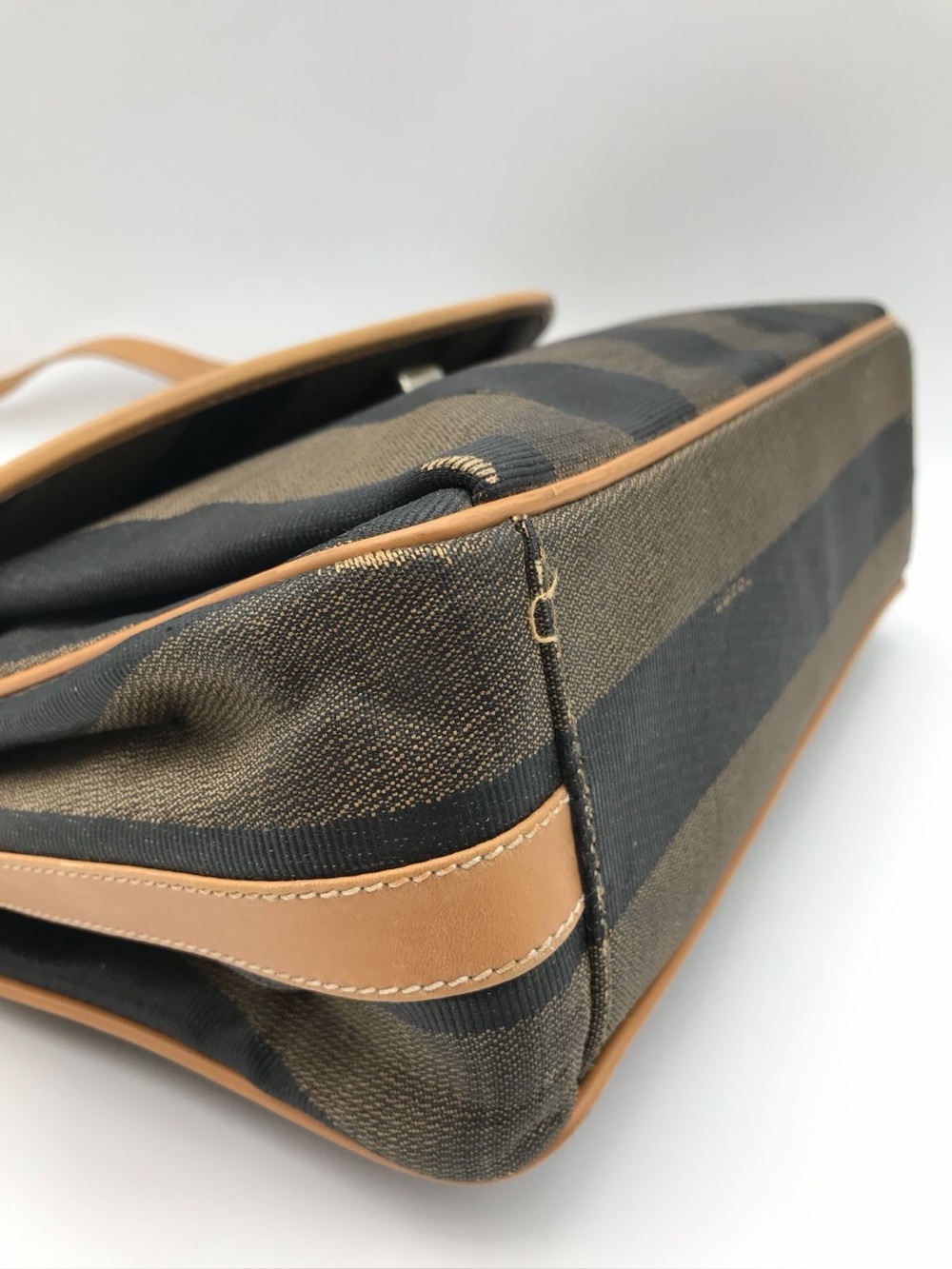 Fendi Pequin Stripe Crossbody Bag Vintage Brown Black Canvas Leather Flap Purse - Picture 3 of 14